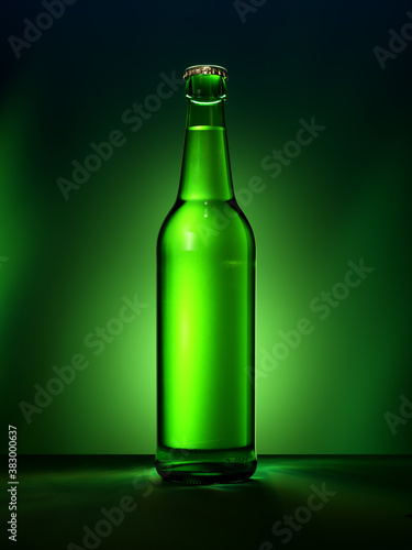 Single green glass beer bottle without label.