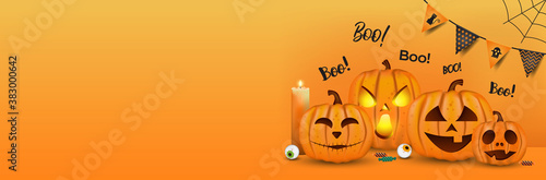 Happy Halloween Banner template with Pumpkin and place for text. Can be used as party invitation or web banner. Vector Illustration