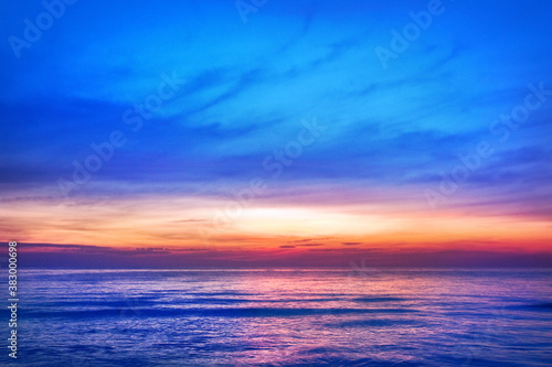 Beautiful pink sunset, blue sky, purple sea background, blurred watercolor sunrise, quiet ocean beach landscape, peaceful morning seascape, idyllic dawn nature, calm soft dusk & gentle sun light glow