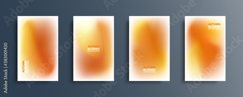 Autumn blurred backgrounds set with modern abstract blurred gradient patterns on white. Smooth templates collection for fall season posters, banners, flyers and cards. Vector illustration.
