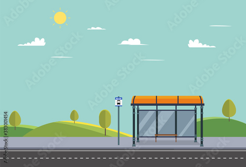 Bus stop on main street city.Public park with bench and bus stop with nature landscape.Public road in summer.Vector illustration	