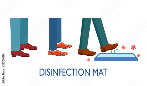 People walking on disinfection mat to clean shoe from Covid-19 coronavirus and bacteria. Healthcare concept vector illustration on white background.