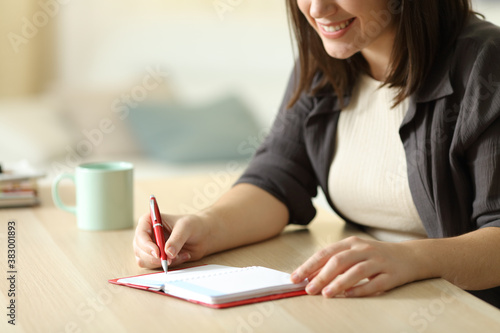 Closeup of happy woman writing on agenda at home