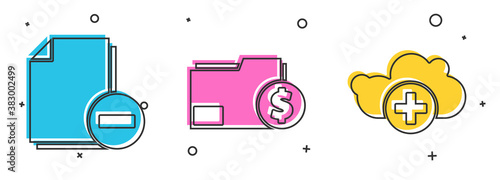 Set Document with minus, Finance document folder and Add cloud icon. Vector.