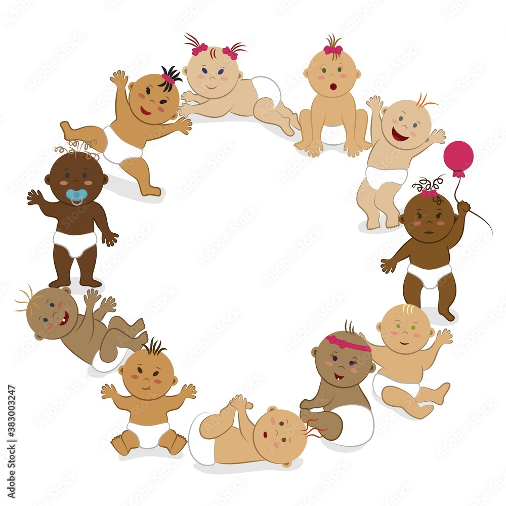 Round frame of multinational toddler boys and girls in different poses. Vector template with copy space from babies with multi-colored hair, skin and eyes Round frame of multinational toddler boys and girls in different poses. Vector template with copy space from babies with multi-colored hair, skin and eyes