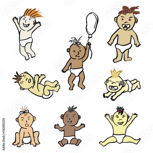 Set of funny multinational babies. Simple vector cliparts of toddlers with different skin, eye and hair colors