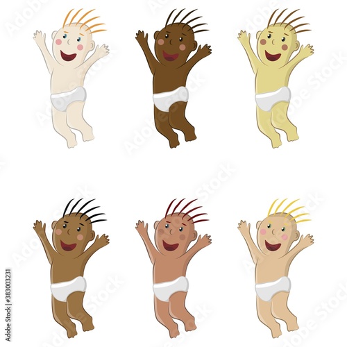 Vector clipart of a happy laughing jumping baby. Set of naked toddler boys in diapers with different skin, eye and hair colors