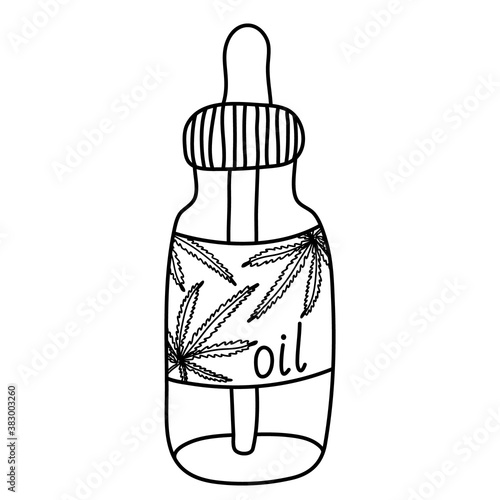 Vial of hemp or CBD oil. Doodle sketch hand drawn vector  illustration and lettering on white background. Isolated outline. Alternative medicine.