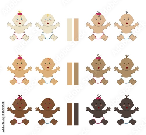 Set of surprised multicolored sitting babies. Vector cliparts of multinational assorted naked toddler boys and girls wearing diapers