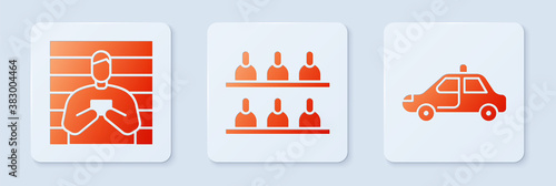 Set Jurors, Suspect criminal and Police car and flasher. White square button. Vector.