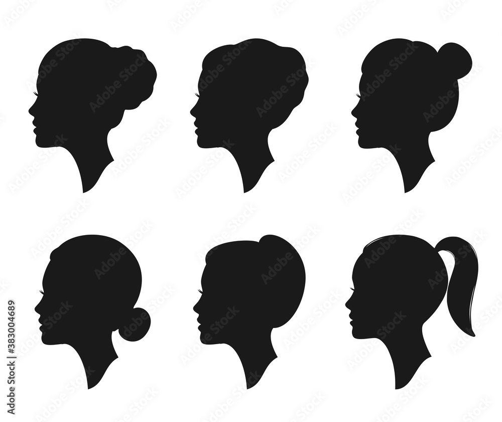 Woman profile silhouette with different hairstyles. Female portrait. Beautiful female face in profile.