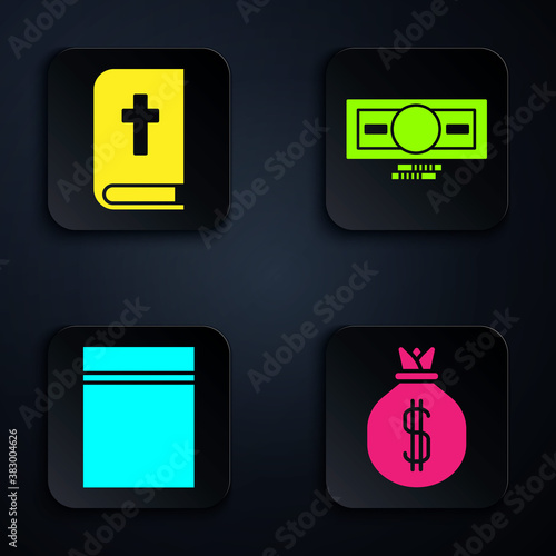 Set Money bag, Holy bible book, Plastic bag with ziplock and Stacks paper money cash. Black square button. Vector.