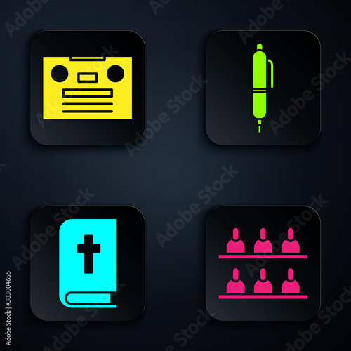 Set Jurors, Retro audio cassette tape, Holy bible book and Pen. Black square button. Vector.