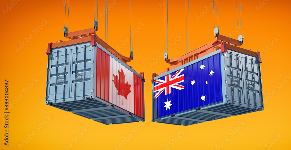 Freight containers with Australia and Canada national flag. 3D Rendering