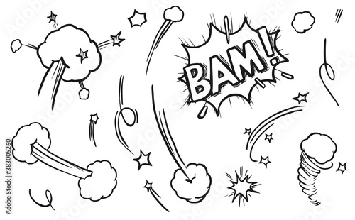 Comic explosion element. Hand drawn comic book element isolated vector icon set. Sketch sign burst cloud, mem expression speech, bubble bam label illustration. Bomb explosion effect symbol pack