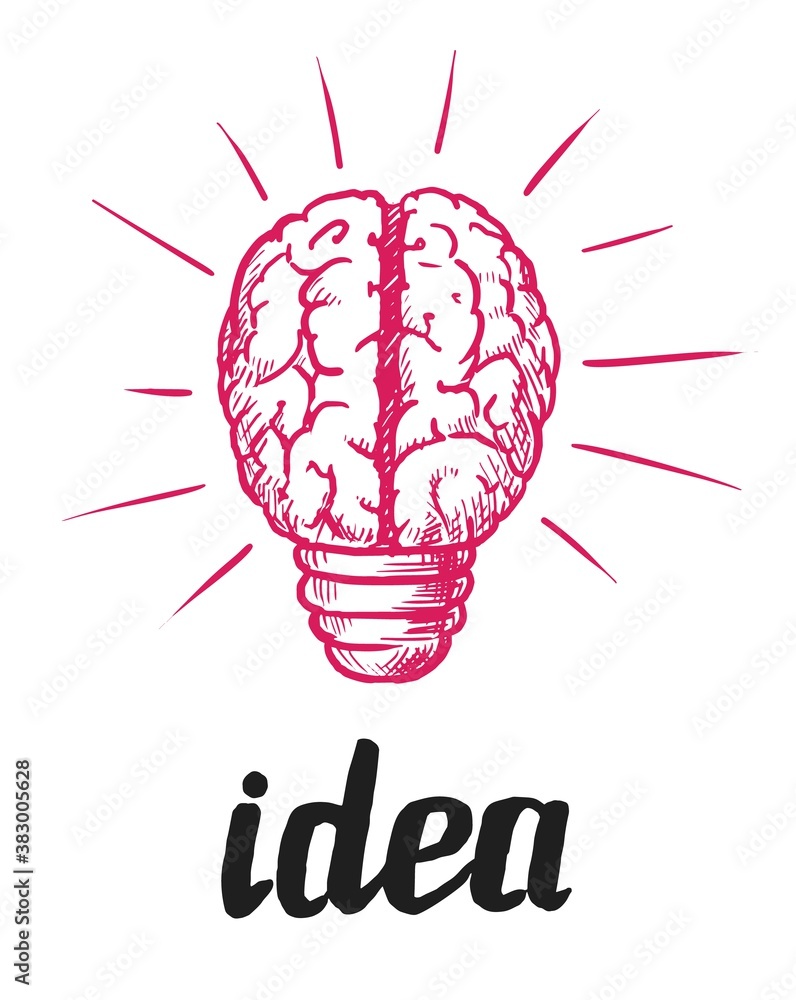 Creative idea. Glowing human brain light bulb idea sketch icon isolated ...