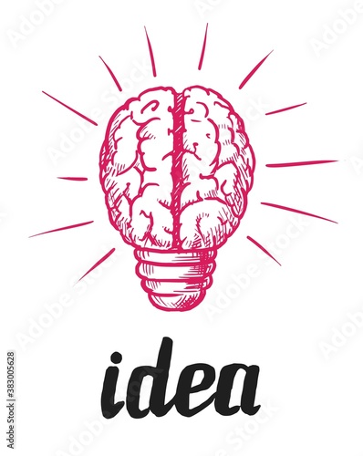 Creative idea. Glowing human brain light bulb idea sketch icon isolated on white background. Brainstorm and think sign of innovation, finding solution, education logo. Futuristic vector illustration
