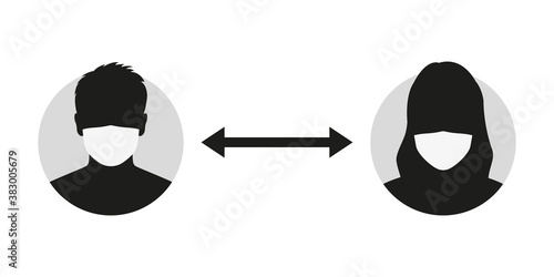 Social distancing icon with man and woman face in surgical or medical mask. Safe distance concept for flu and coronavirus prevention. Vector illustration.