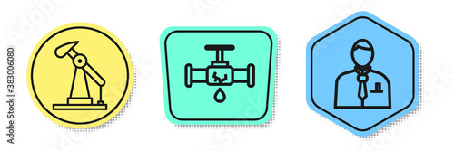 Set line Oil pump or pump jack, Broken pipe with leaking water and Businessman or stock market trader. Colored shapes. Vector.
