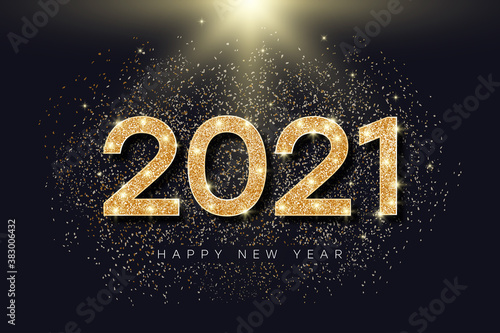 2021 number with golden glitter for New Year. Holiday banner for New Year and Merry Christmas with gold glowing and bright particles. 2021 glister text. Vector illustration.