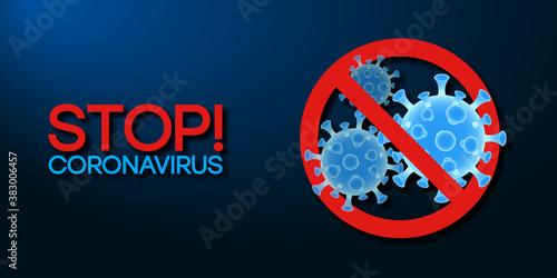 Stop Coronavirus concept on blue background. Prohibition STOP sign and virus cells of Covid-19. Vaccine, medicine, antibiotic. Virus protection. Vector.