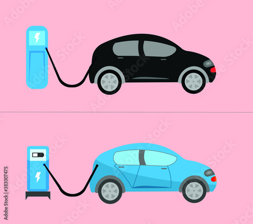 Electric car charging at the charger station. Electromobility e-motion flat vector illustration concept. Black and blue electric car