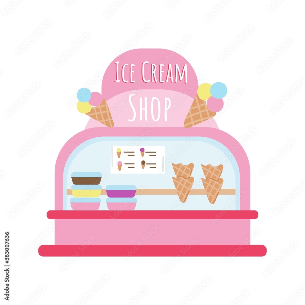 Flat style ice cream shop. Cute pink building decorated with sweet