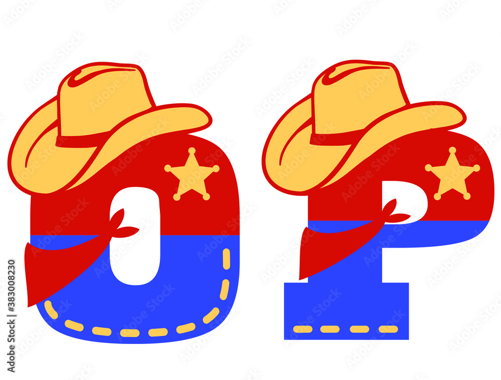 English alphabet. Vector illustration of letter O and P with western decoration Cowboy hat and sheriff star isolated on white background. Cowboy baby cartoon party style characters English alphabet. Vector illustration of letter O and P with western decoration Cowboy hat and sheriff star isolated on white background. Cowboy baby cartoon party style characters