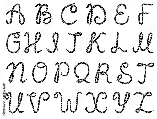 Rope alphabet. Vector illustration of Letters made from nautical rope isolated on white. Hand written font