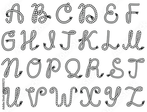 Rope alphabet. Vector illustration of Letters made from nautical rope isolated on white. Hand written font