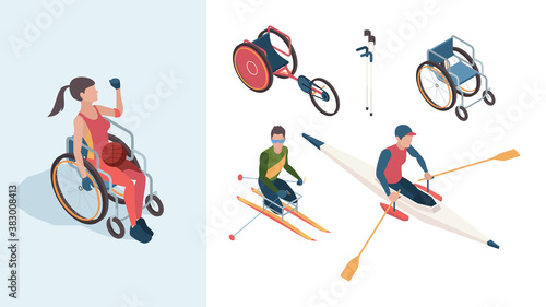 Paralympic characters. Disabled sportsmen athletes male and female in summer olympic games vector isometric people. Character in wheelchair handicapped with ball illustration