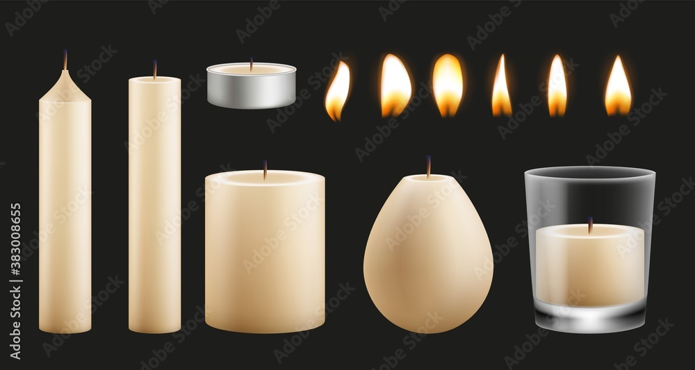 Candles kit design. Realistic wax base of different shapes and flames. Burning lights vector set. Illustration fire candle, candlelight realistic - obrazy, fototapety, plakaty 