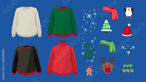 Ugly sweater design kit. Warm cardigans and winter Christmas decorations. Holidays clothes vector set. Illustration winter sweater, christmas holiday, pullover and jumper