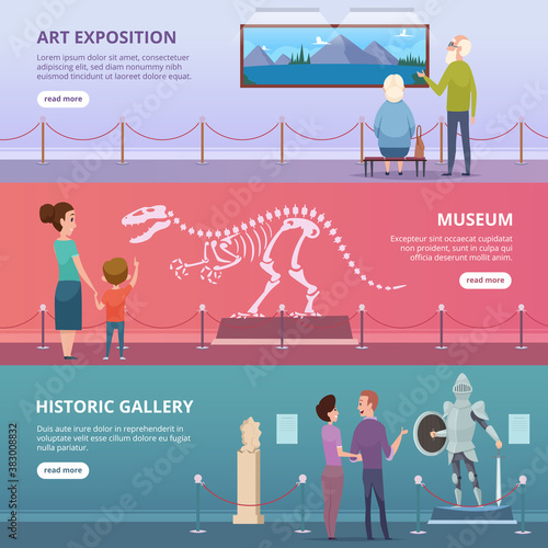 Art gallery. People walking in museum looking on paintings and statues in exhibition vector horizontal banners. Illustration art gallery exhibition, museum and show studio excursion