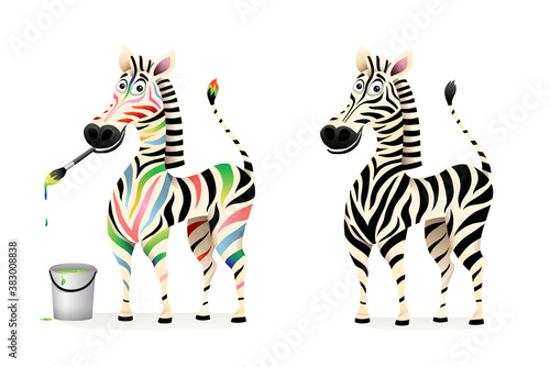 Funny colorful drawing zebra artist and black and white zebra cartoon for kids. African animal character design, 3d vector cartoon graphic.