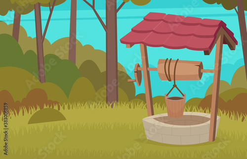 Forest water well. Construction country wood vector wellness cartoon background. Well source nature landscape, tree and grass illustration environment
