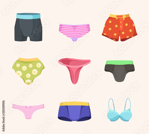 Underwear set. Male and female fashioned clothes lingerie cotton panties vector colored collection. Colored underwear female and male, fashion clothing fot body illustration