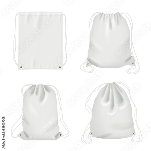 Rope bag. Sport fabric white shoulder drawstring package vector realistic collection. Bag drawstring, pack and pouch, backpack white illustration