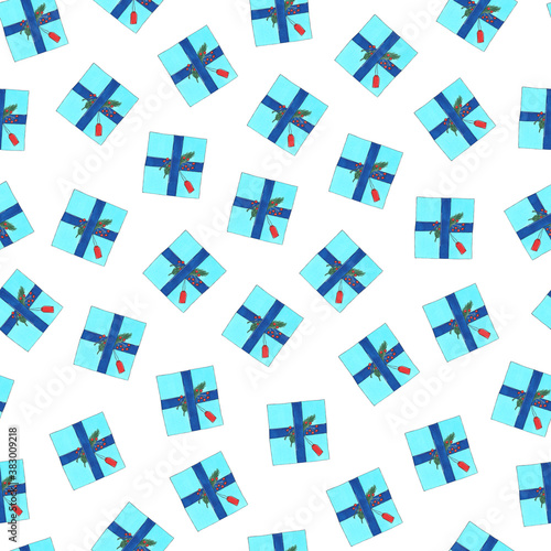 Seamless pattern with blue gift boxes. Festive Christmas background