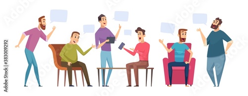 Male discussion. Men talking, people have conversations. Man club dialogue vector illustration. Male debate and discussion, person cartoon conversation meeting