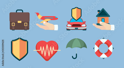 Insurance icon. Property policy insurance objects business life health vector symbols collection. Insurance life and home, security travel and protect life illustration