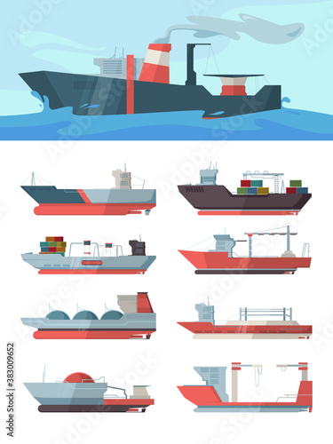 Industrial ship. Cargo vessel transportation sea big ocean ship with containers tanker oil vector illustrations. Container ship vessel, cargo tanker in ocean