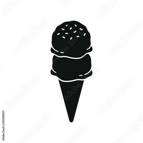 Double scoop ice cream on cone with sprinkles silhouette. Simple flat vector icon illustration.