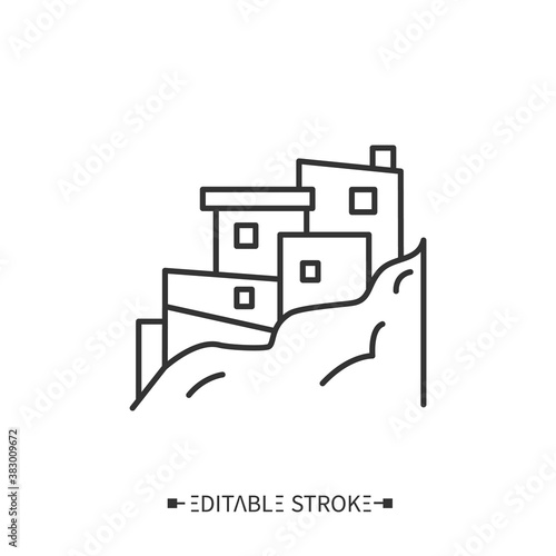 Favelas line icon. Low-income, slum neighborhood in Brazil. Ruined or abandoned buildings in the mountains of Rio de Janeiro. Brazilian housing. Isolated vector illustration. Editable stroke  photo