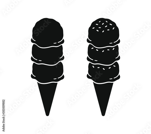 Triple scoop ice cream on cone silhouette set.  Simple flat vector icon design.