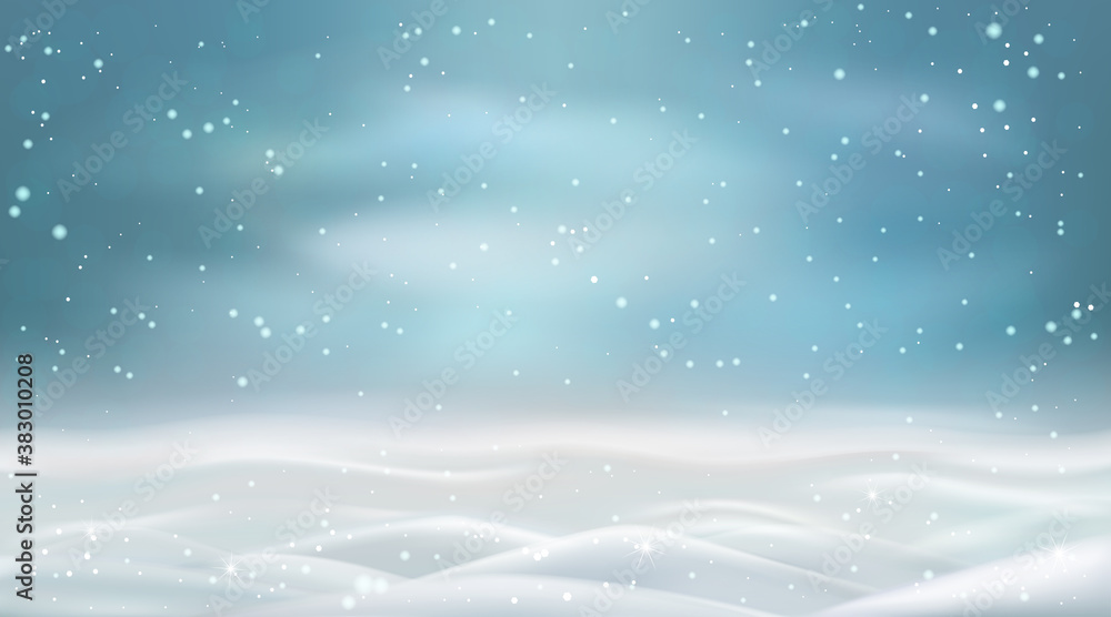 Snowstorm and snowy landscape, winter snowdrifts with flying snow. Vector illustration.