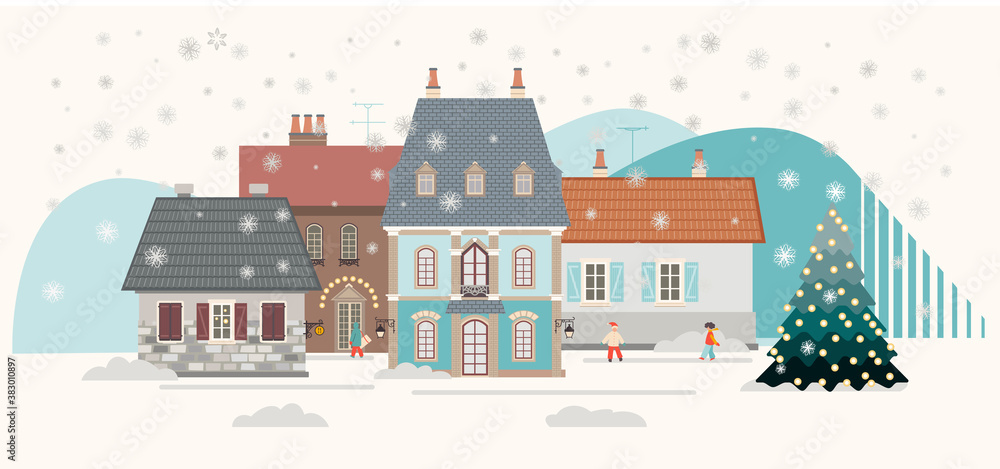 Winter town  with a Christmas tree
