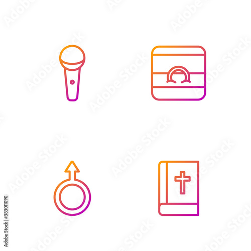 Set line Holy bible book, Male gender symbol, Microphone and Wedding rings. Gradient color icons. Vector.