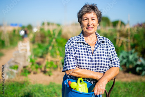 Portrait of positive elderly female gardener posing in backyard garden on sunny day photo