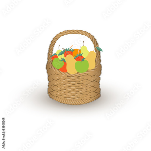 Basket full of fruits. Vector cartoon illustration of apples  pears and strawberry in the wicker basket isolated on white.